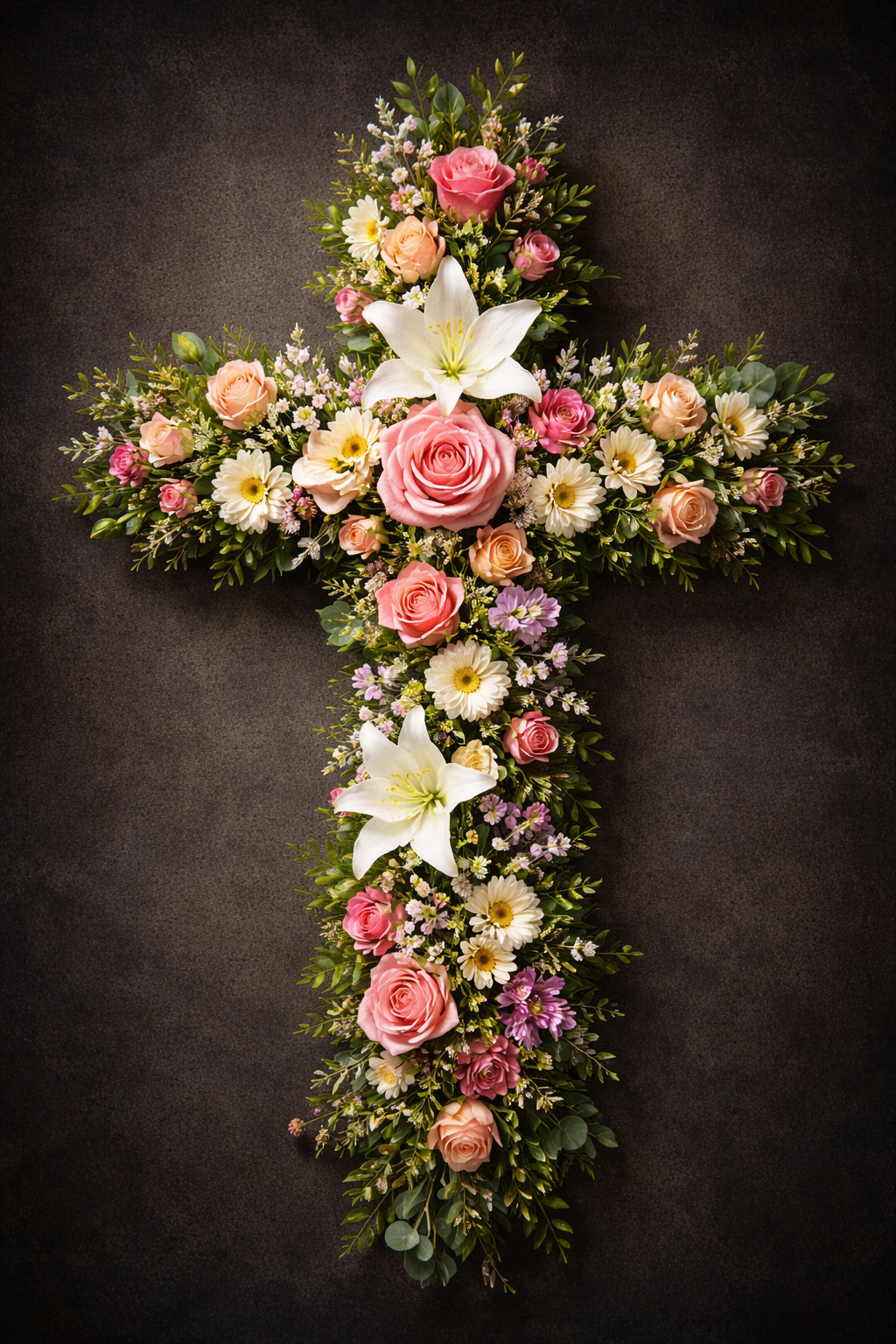 Beautiful cross shape made entirely of flowers -- pink roses, white lilies, daisies and greenery arranged in the form of a cross on a dark background -- floral cross HD wallpaper